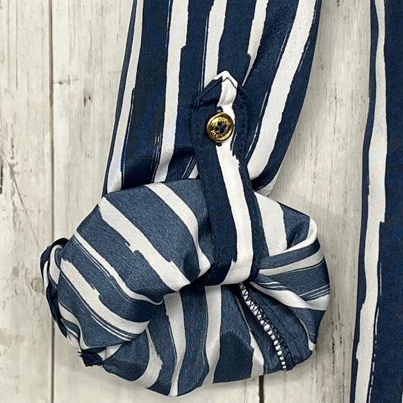 Ann Klein Blue White Stripe Roll Sleeve Lightweight Beach Summer Button Up Shirt - Picture 4 of 10